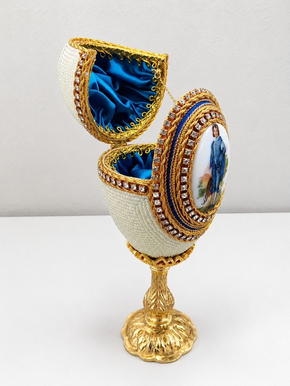 Vintage Fabergé Style Jeweled Egg Trinket Box on Stand 6" Tall White Beaded Blue
